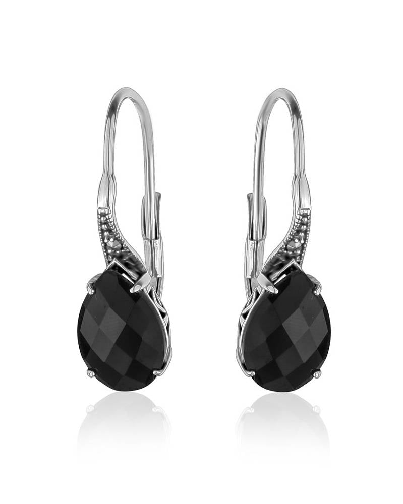 Marcasite Black Spinel Teardrop Earrings Oxidized Silver - Larus