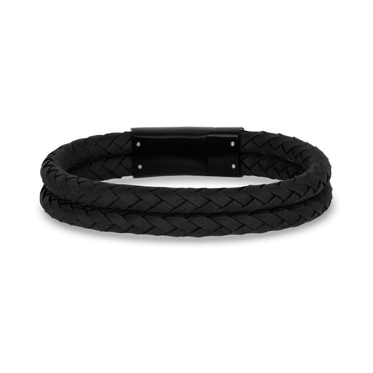 Double Row Black Leather Bracelet 8" Men's - Stainless Steel