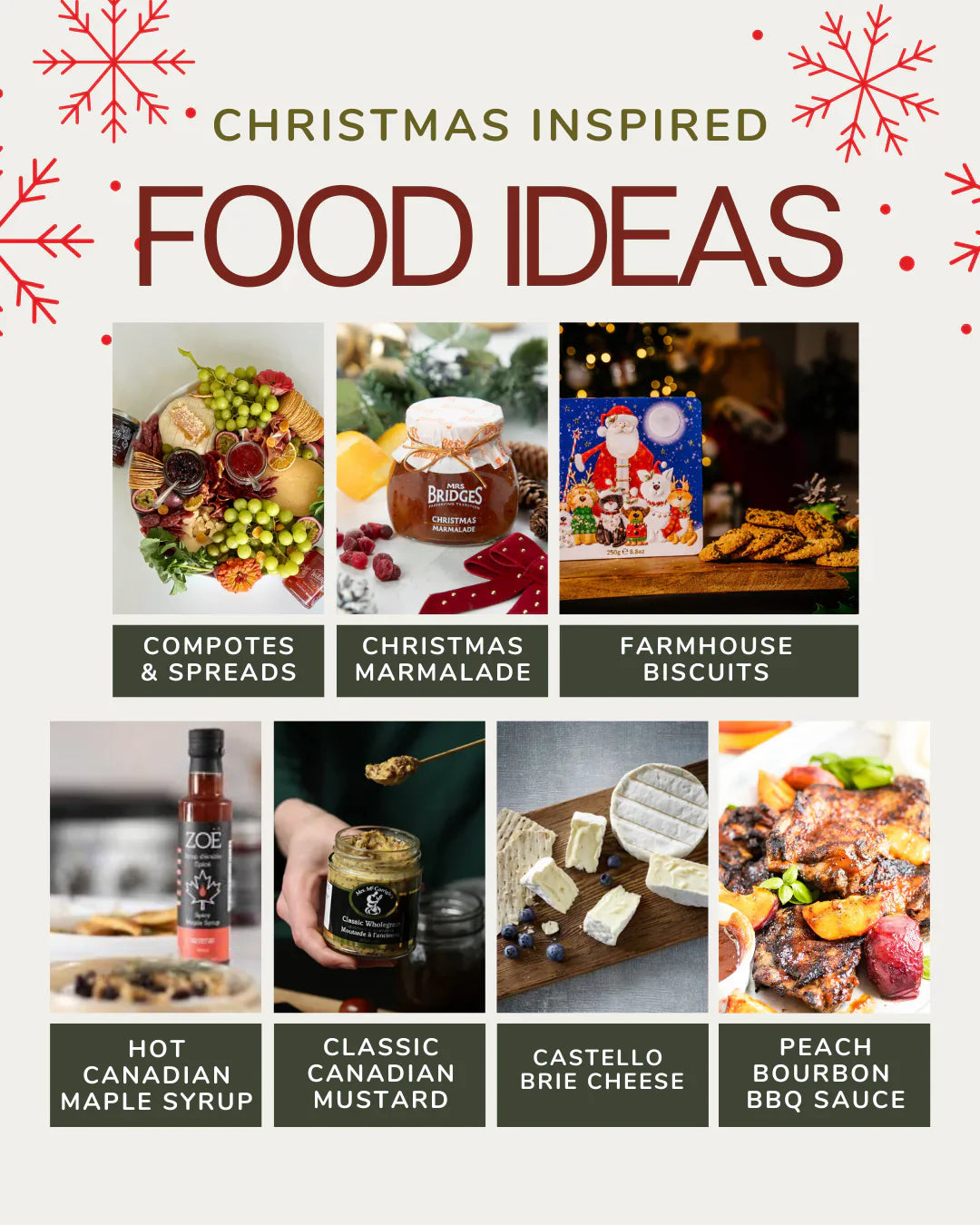 Holiday gourmet food gifts including chocolates, sauces, and spreads from Canadian and international brands