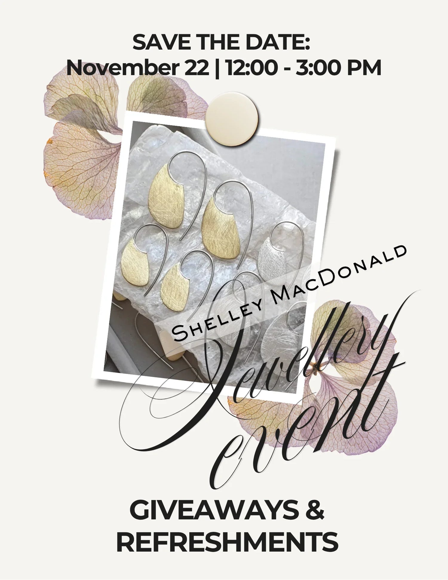 Shelley MacDonald, Nov 22, 12–3 PM, giveaways & refreshments