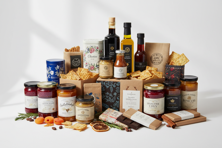 Holiday gourmet food gifts including chocolates, sauces, and spreads from Canadian and international brands