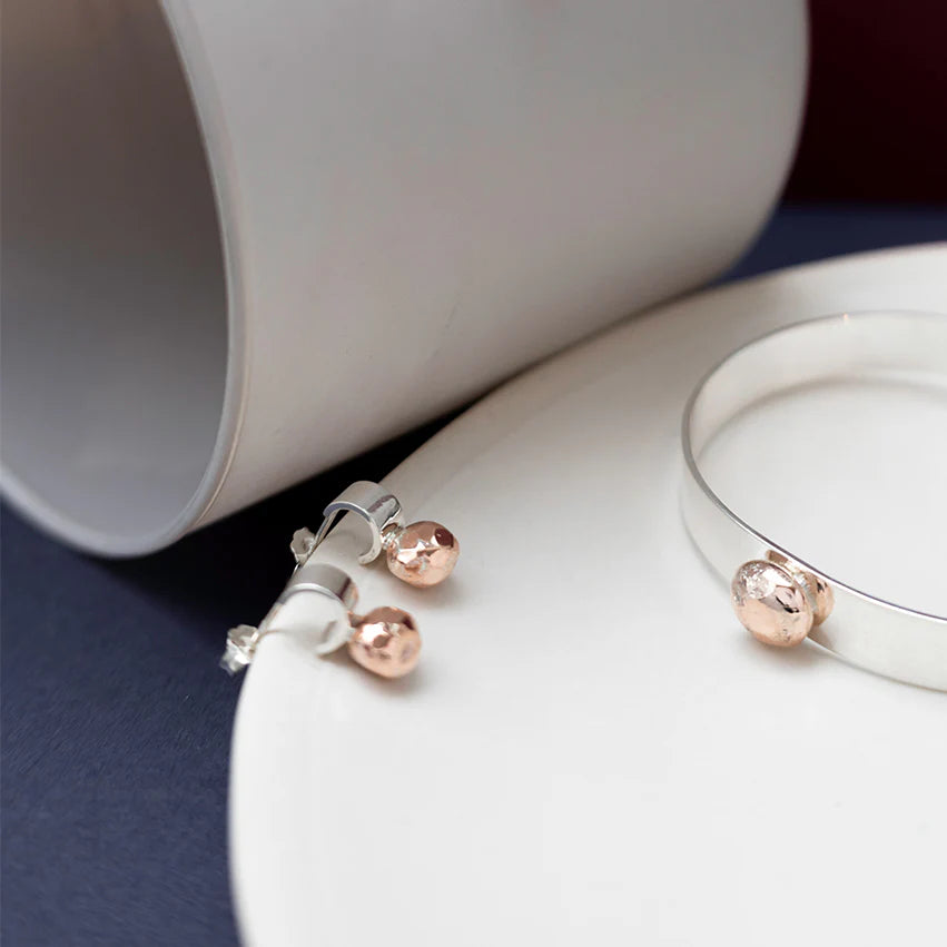 Medium Size Copper Bead + Tube Stud Earrings