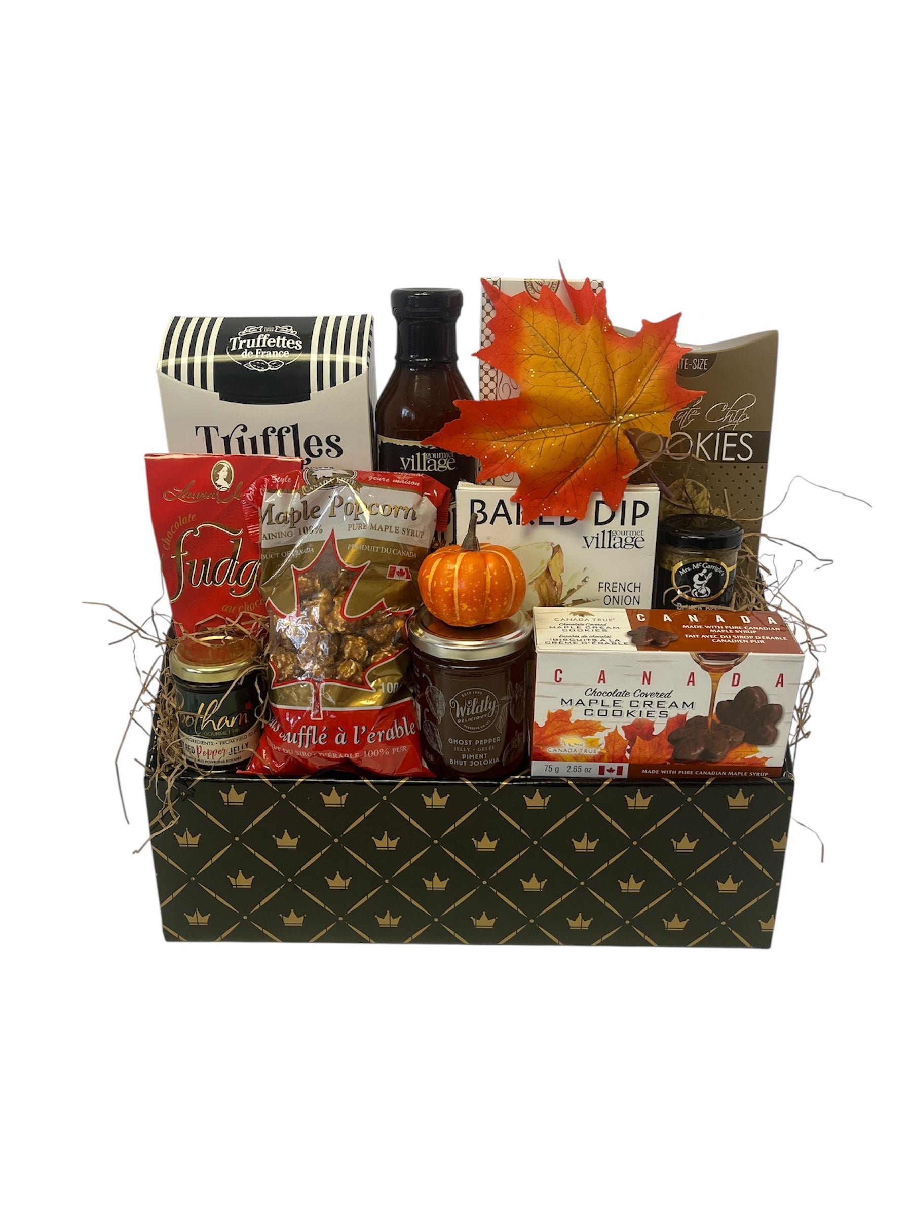 Gift basket with Canadian food items in a decorative box