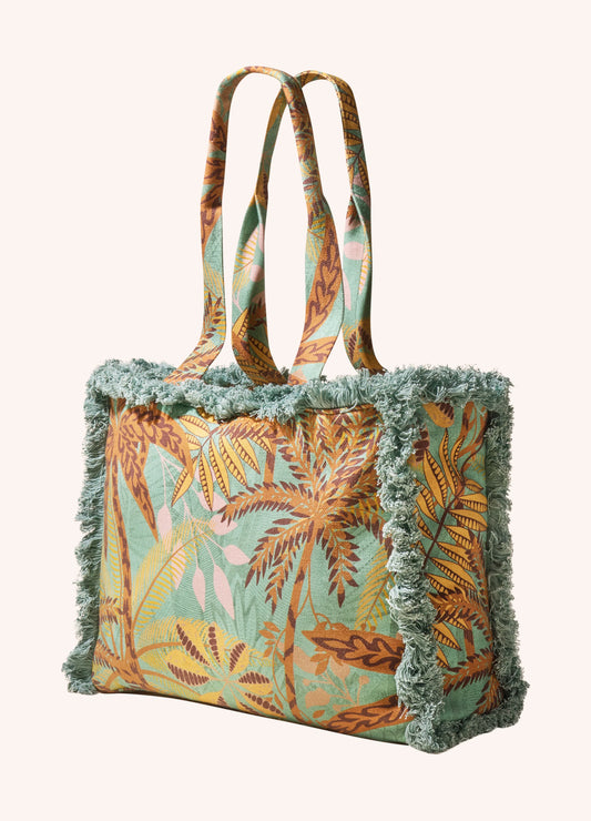 Fringed Box Tote Patterned Palms