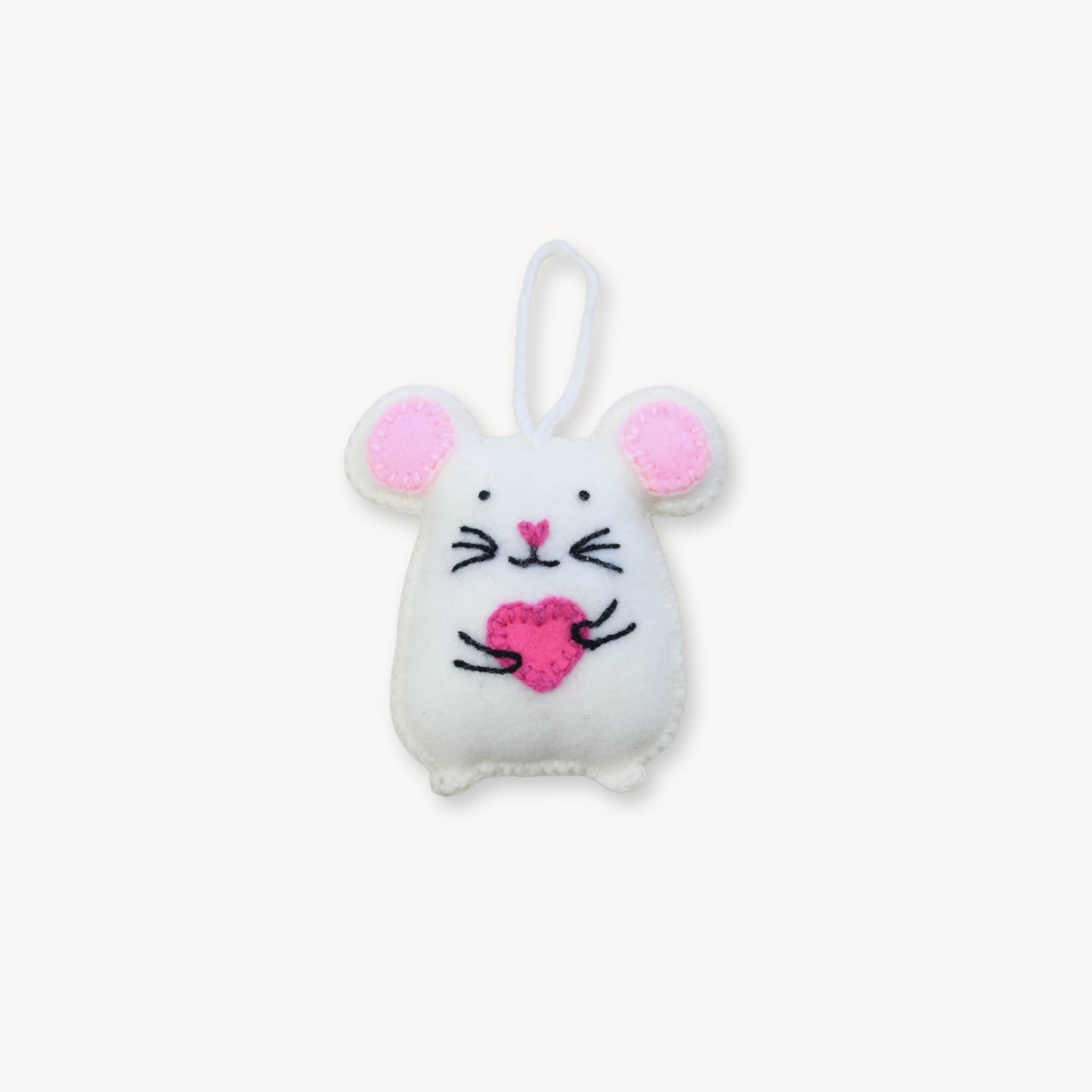White plush toy shaped like a mouse with pink heart and ears on a white background