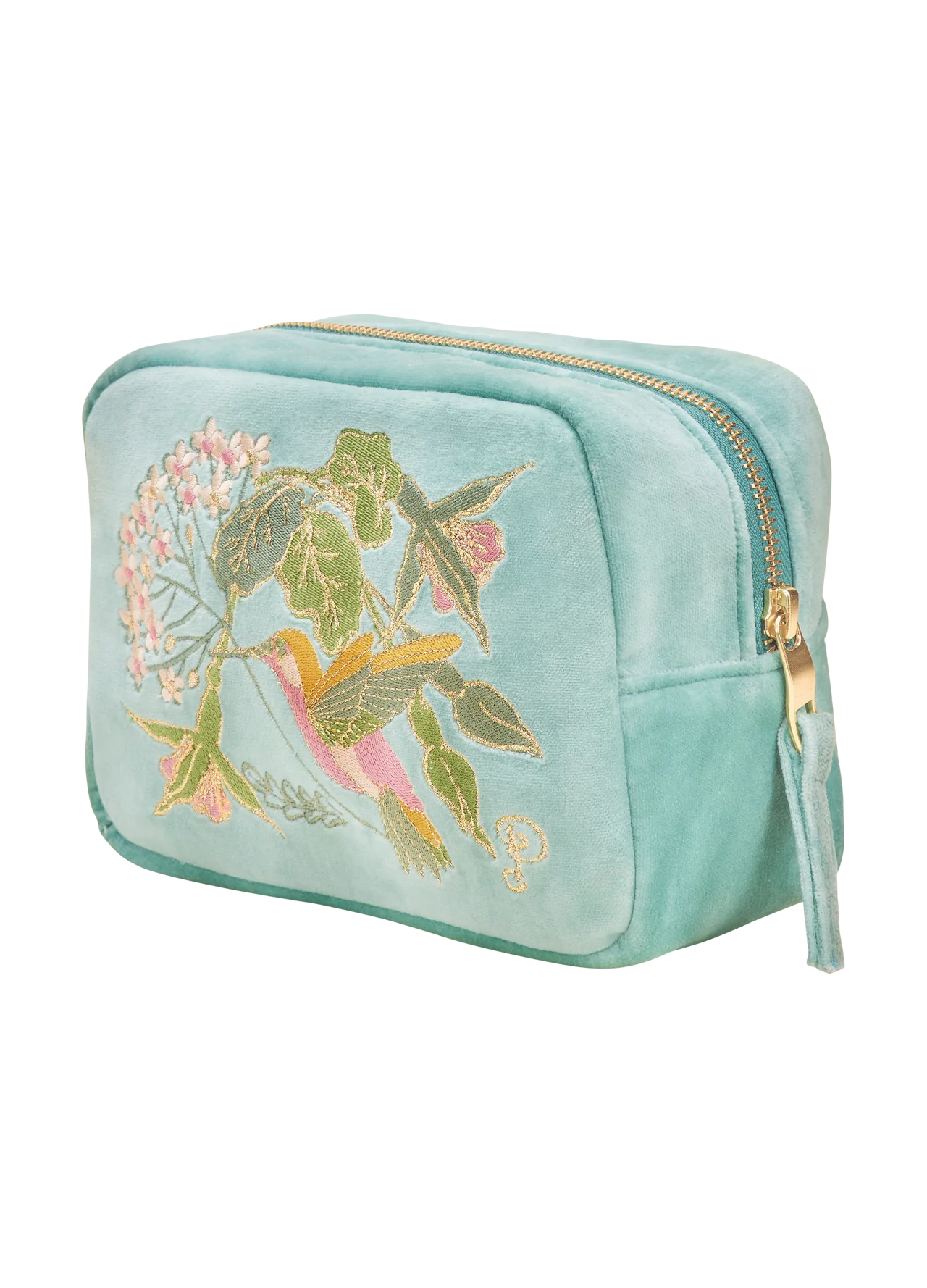 Hummingbird Aqua Velvet Embroidered Make Up Bag