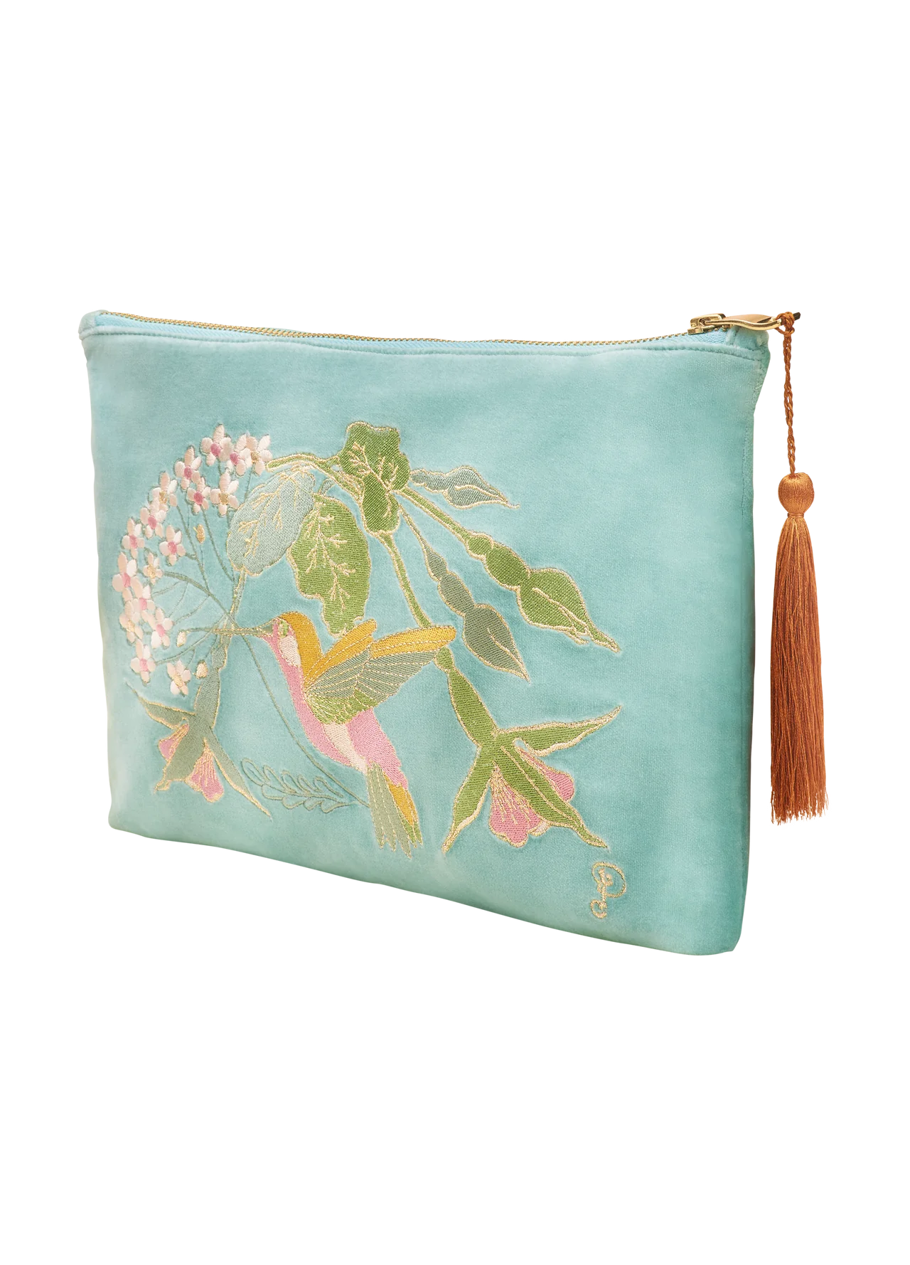 Hummingbird Aqua Velvet Embroidered Zip Pouch