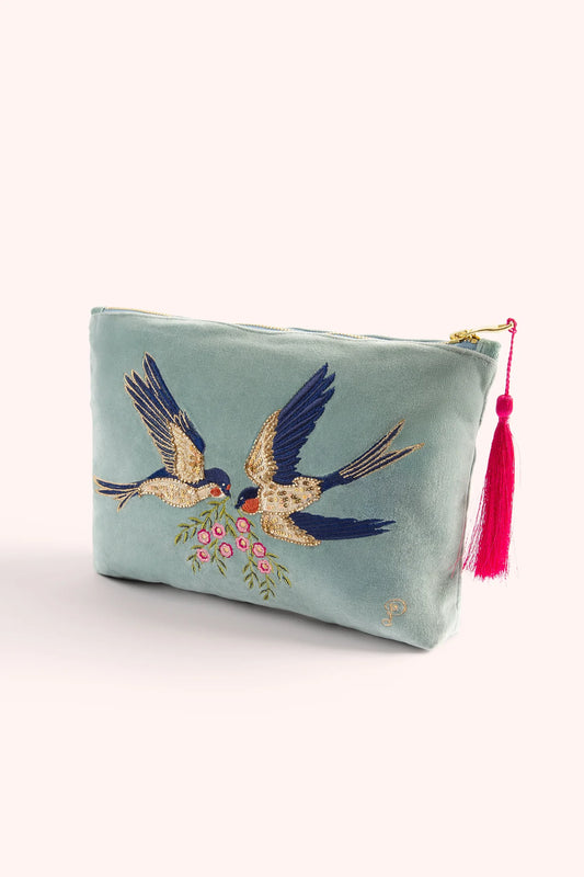 Velvet Zip Pouch Swooping Swallows