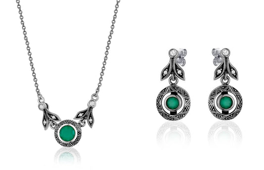 Larus Marcasite Green Chalcedony Necklace & Earrings