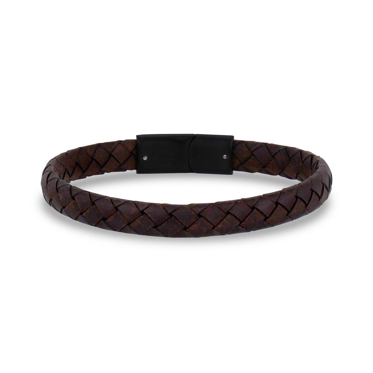 Flat Woven Leather Bracelet (Brown with Black Clasp)