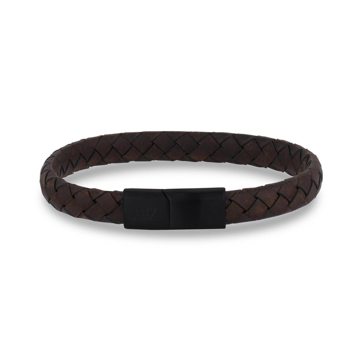 Flat Woven Leather Bracelet (Brown with Black Clasp)