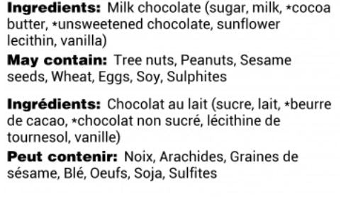 Milk Chocolate Thank you  Bar ingredients